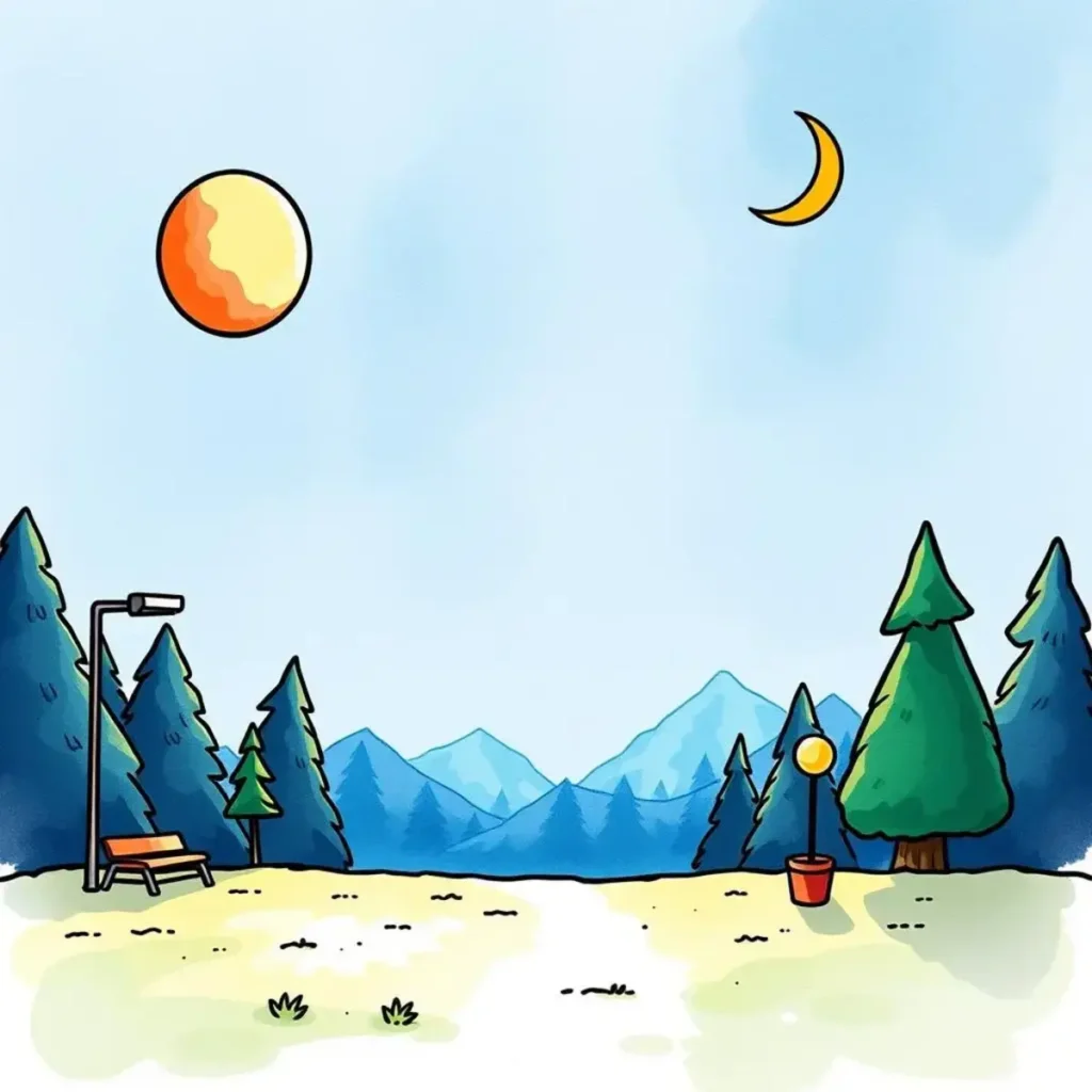 Brand message creator: Generate impactful brand messaging statements 1 A whimsical outdoor scene featuring a colorful sun and crescent moon above trees and mountains.