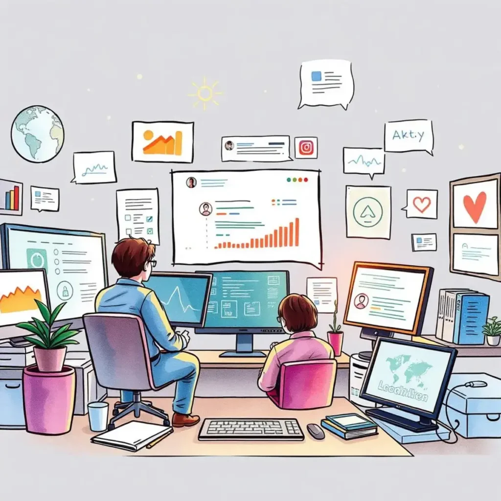 Perception parser: Break down brand perceptions from social media posts 1 Two analysts review brand perception data using multiple digital screens.