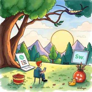 Person engaging with digital tools, surrounded by a scenic landscape.