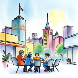 Brand objective builder: Craft tailored goals for effective research studies 8 People gathered around a table discussing brand objectives in an urban setting.
