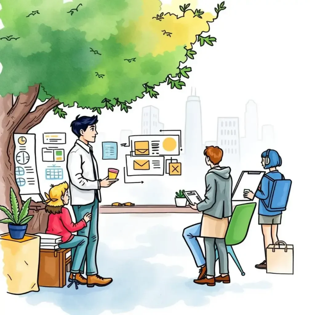 Brand perception tracker: Analyze brand perception changes over time 1 Team discussing brand perception insights under a tree.