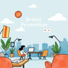 A marketing professional working on brand promotion in a modern office.