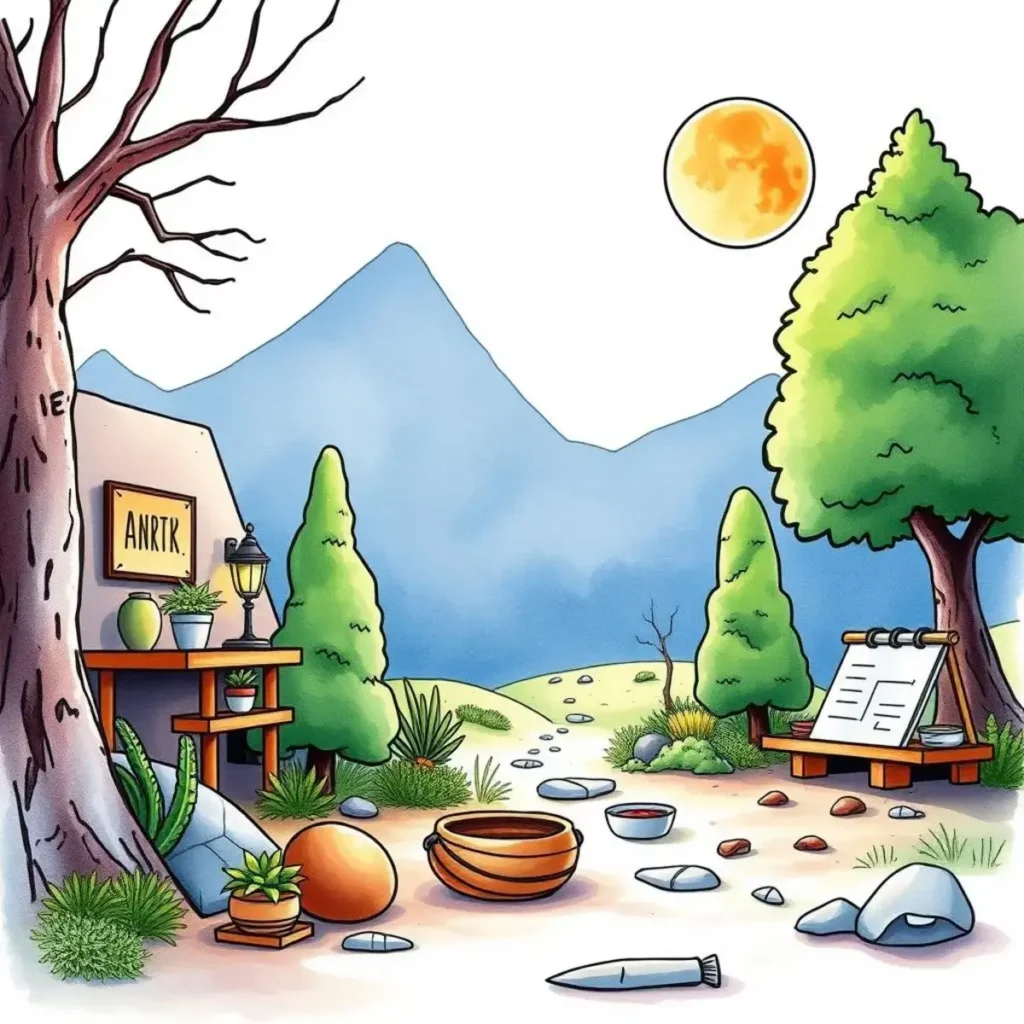 A vibrant outdoor scene featuring a workspace for creative brand development in a natural setting.