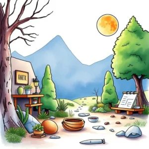 A vibrant outdoor scene featuring a workspace for creative brand development in a natural setting.
