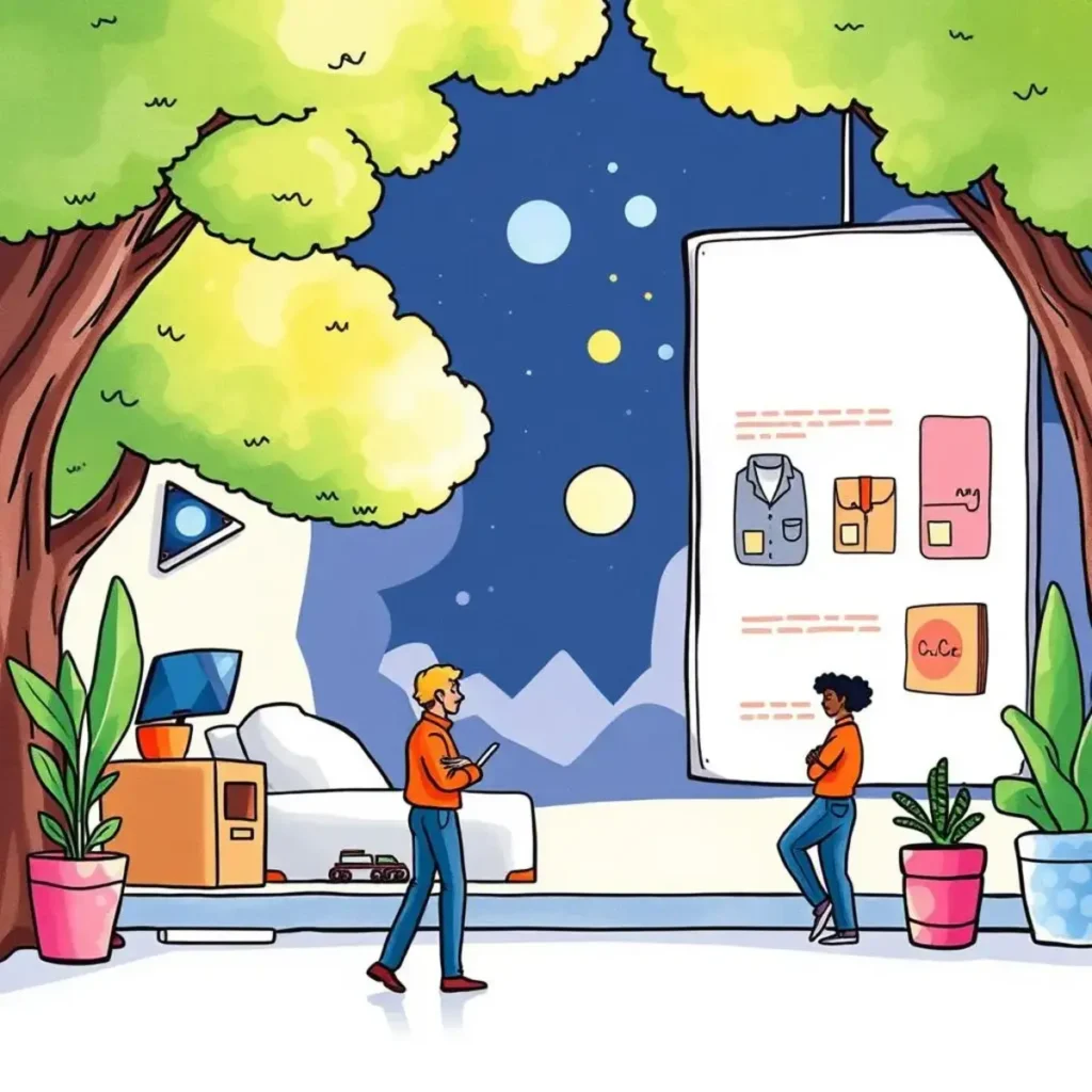 Brand story enhancer: Craft compelling narratives for brand identity 1 A creative workspace scene featuring individuals discussing brand tools under a night sky.