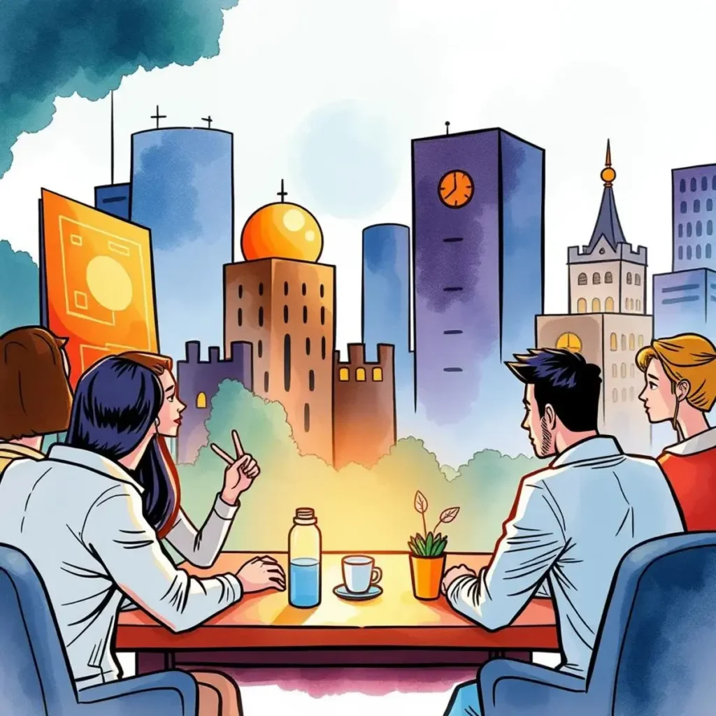 Brand storyteller: Develop compelling narratives to enhance company image 1 A diverse group of professionals engaged in a meeting with a cityscape backdrop.