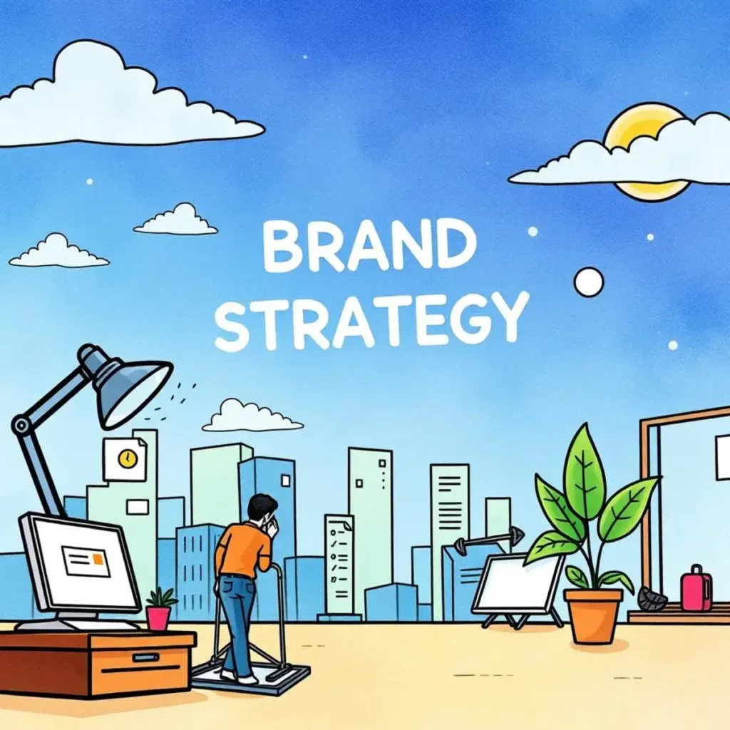 Brand message optimizer: Refine your core brand messaging 1 Illustration of a professional developing brand strategy in a modern office.