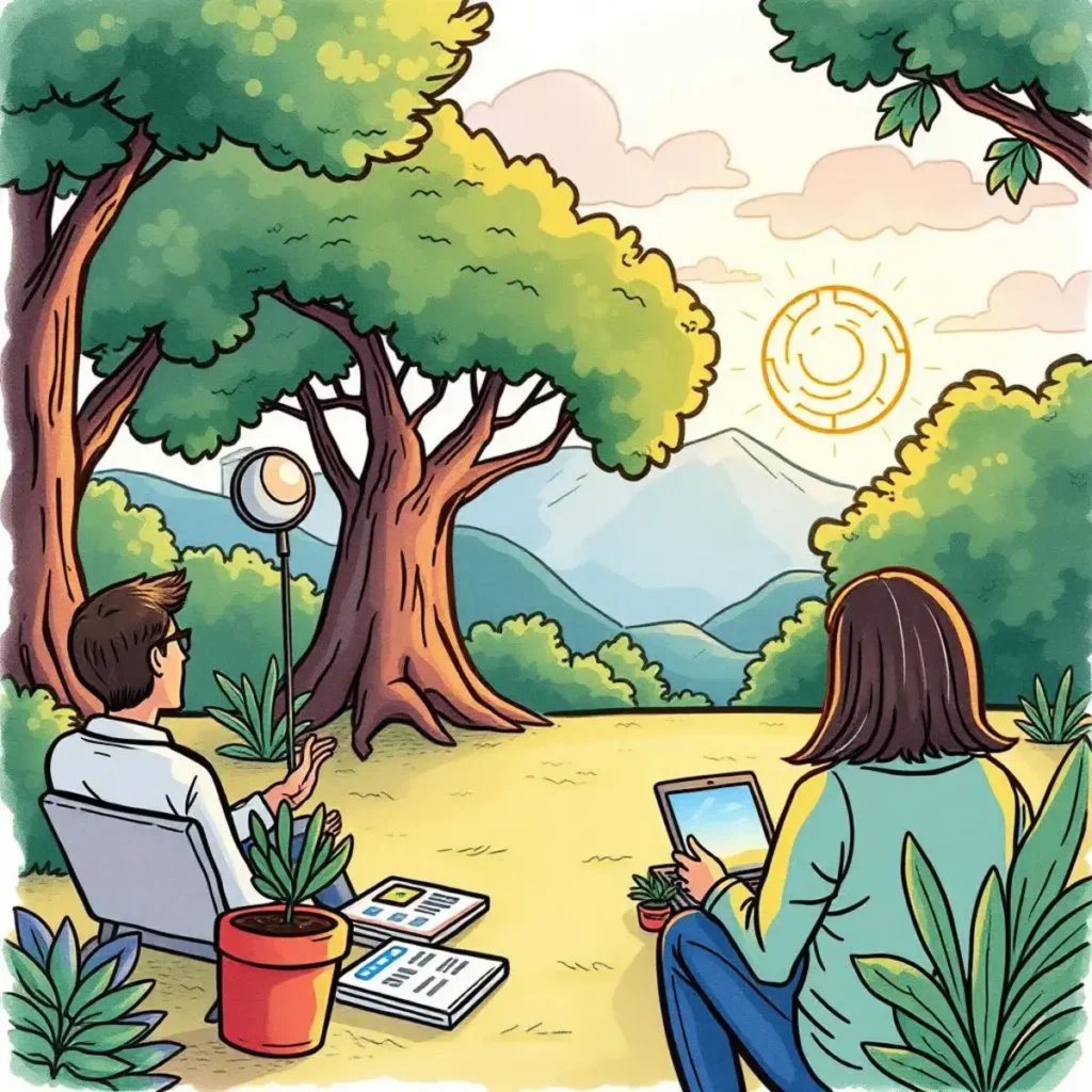 Professionals collaborating outdoors, aligning content with brand voice.