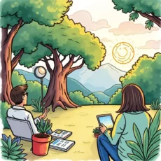 Professionals collaborating outdoors, aligning content with brand voice.