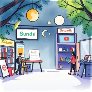 Brand voice generator: Establish tone and style guidelines for campaigns 4 A vibrant illustration of a marketing workspace showcasing tools for brand management and strategy creation.