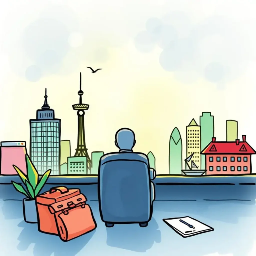 A person sitting by a window overlooking a city skyline with a travel bag and a notepad nearby