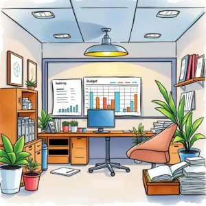 Office workspace featuring budget analysis charts and financial planning tools.