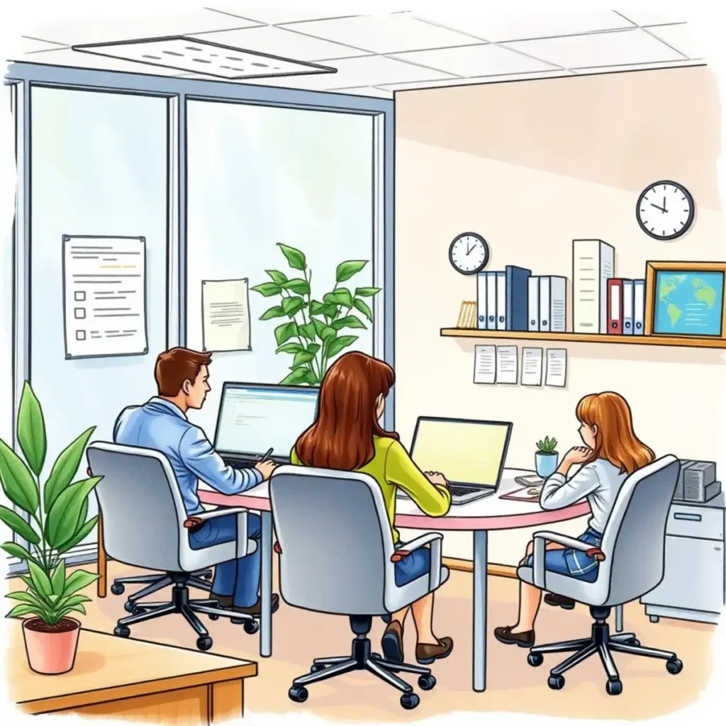 Budget feedback aggregator: Consolidate feedback for budget discussions seamlessly 1 Team collaborating in a modern office for budget discussions and feedback.