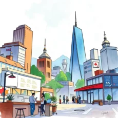 Business analysts engaging with a bustling urban market environment.
