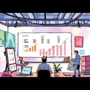 Professionals analyzing budget data in a modern marketing office.