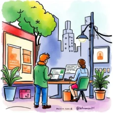 Two professionals analyzing marketing data in an urban setting.