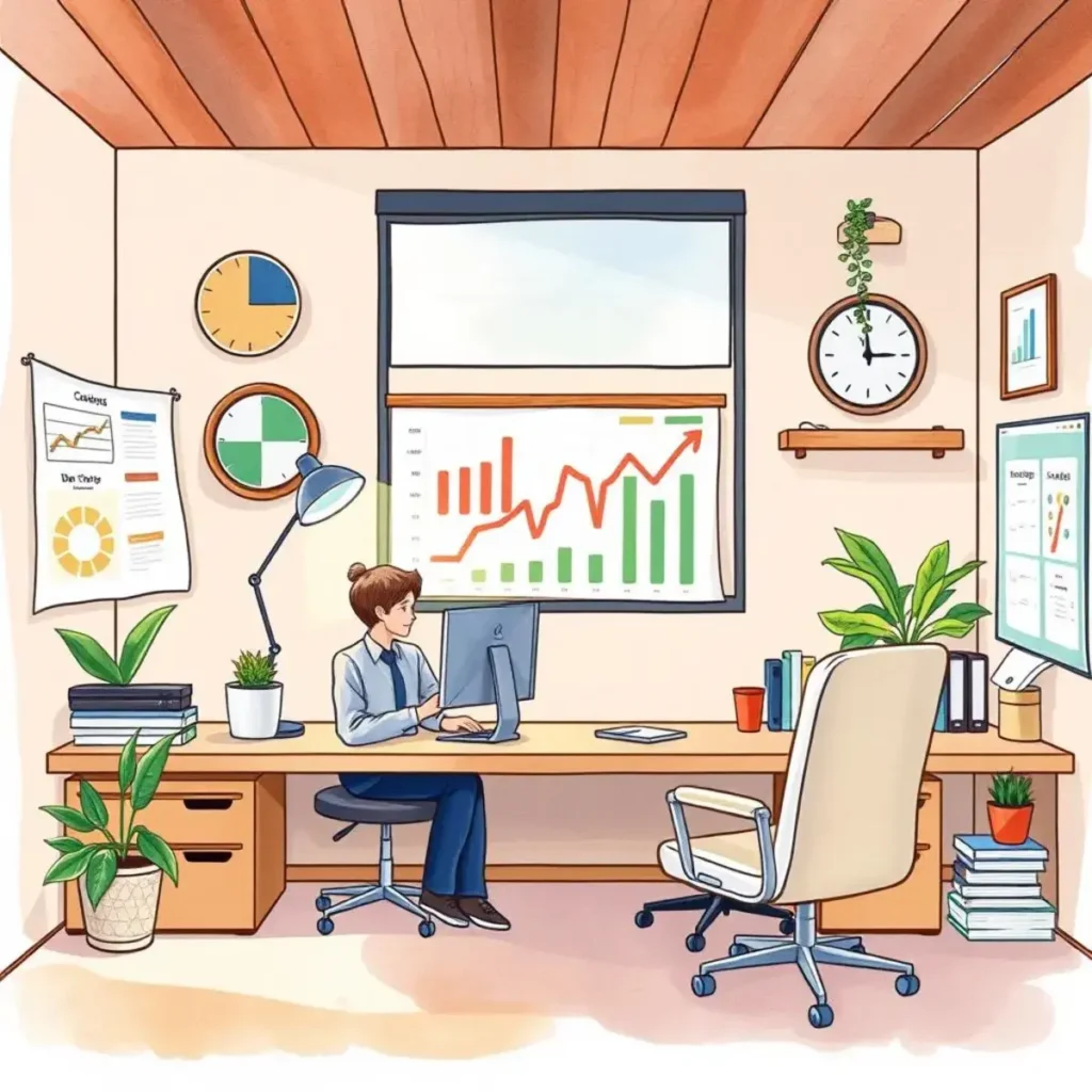 Budget performance tracker: Analyze budget performance metrics and insights 1 Person analyzing budget performance metrics in a modern office environment.