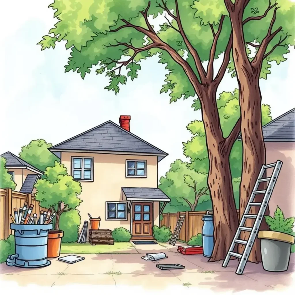 Budget proposal creator: Draft budget proposals for maintenance projects 1 Colorful backyard scene illustrating maintenance tools and projects.