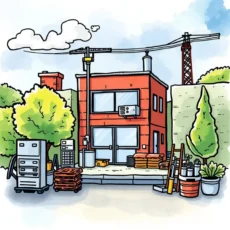 Colorful illustration of a maintenance facility with tools and materials.