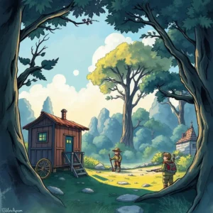 A quaint forest scene featuring two figures near a small wooden cabin surrounded by nature.