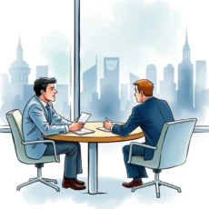 Two business professionals discussing roi strategies in a modern office setting.