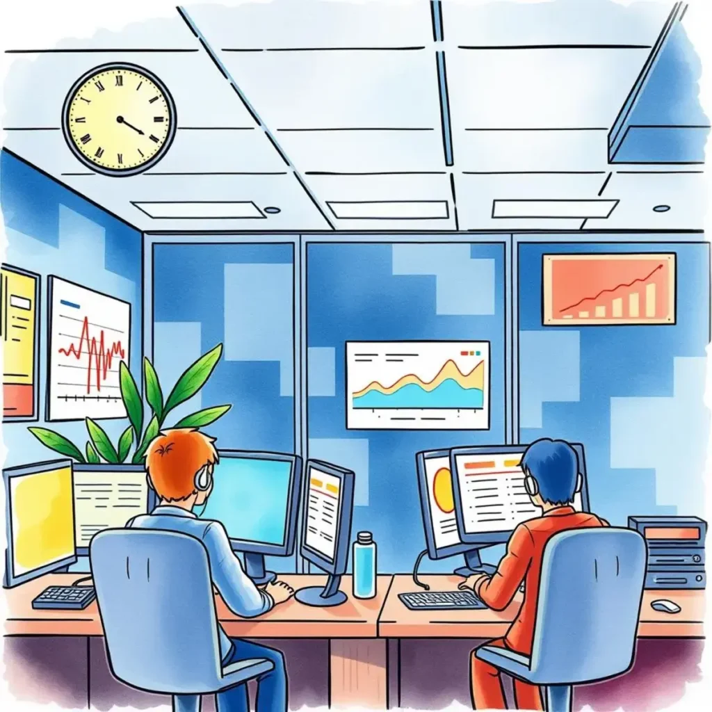 Call center performance narrator: Provide narrative summaries of call center stats 1 Employees analyzing call center performance metrics in an office.