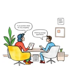 Two professionals discussing client prospecting strategies in a modern office setting.