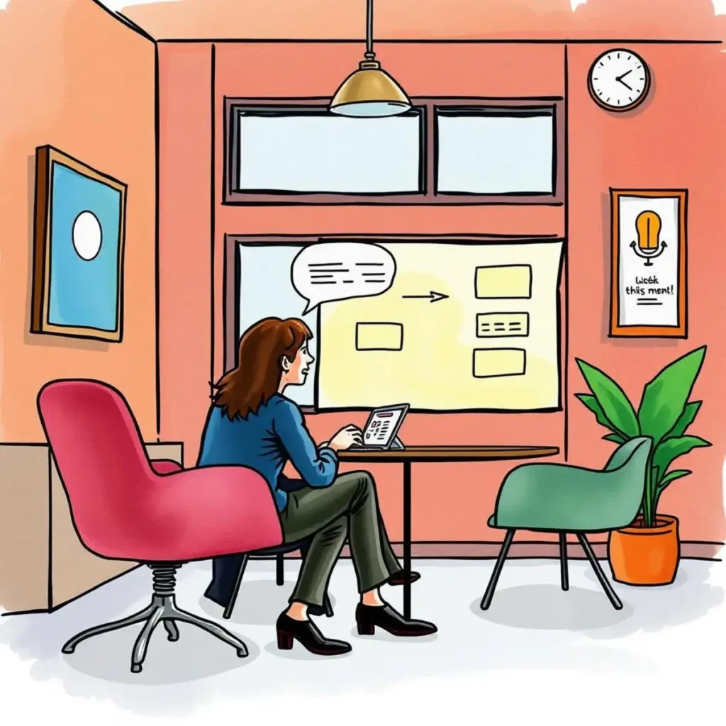 Candidate behavior predictor: Predict future behavior based on interview responses 1 Professional woman analyzing candidate responses in cozy office setting.