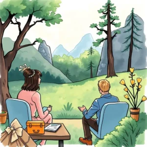 A serene outdoor scene featuring two individuals discussing in nature.