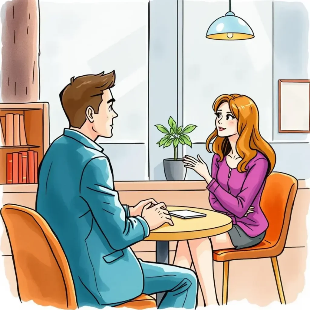 Two professionals engaged in a job interview discussion at a table.