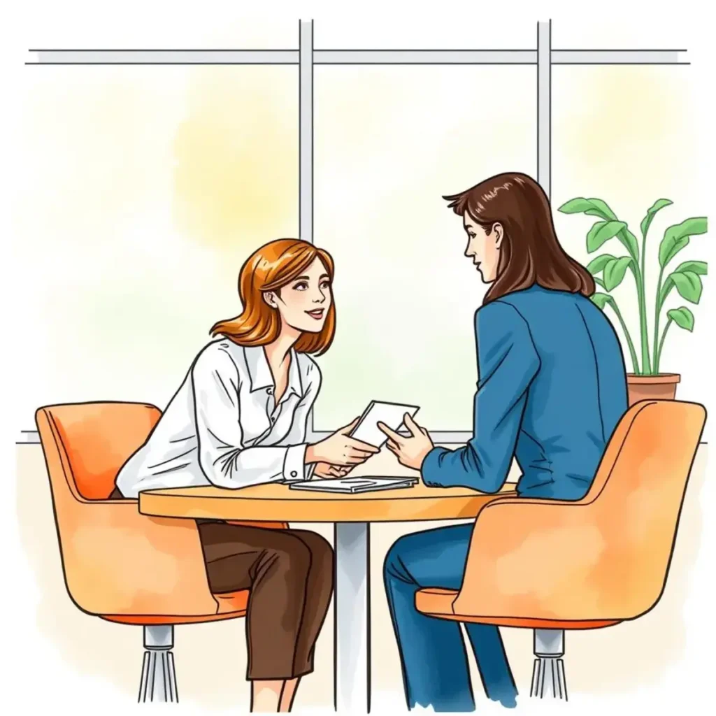 Candidate interaction summary creator: Summarize candidate interactions for clarity 1 Two professionals discussing candidate interactions at a table in an office setting.