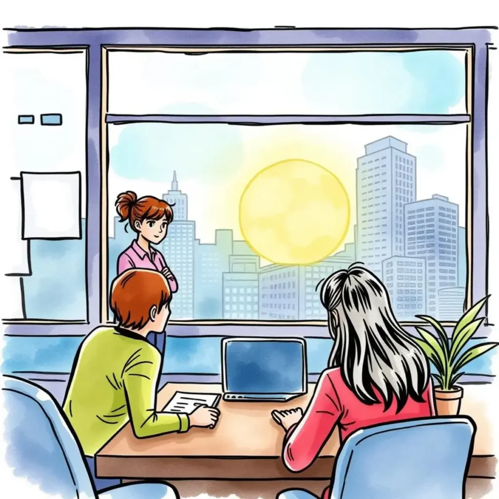 Employee feedback report compiler: Compile feedback into comprehensive employee reports 1 A team discusses employee feedback while looking out at a city skyline through a large window.