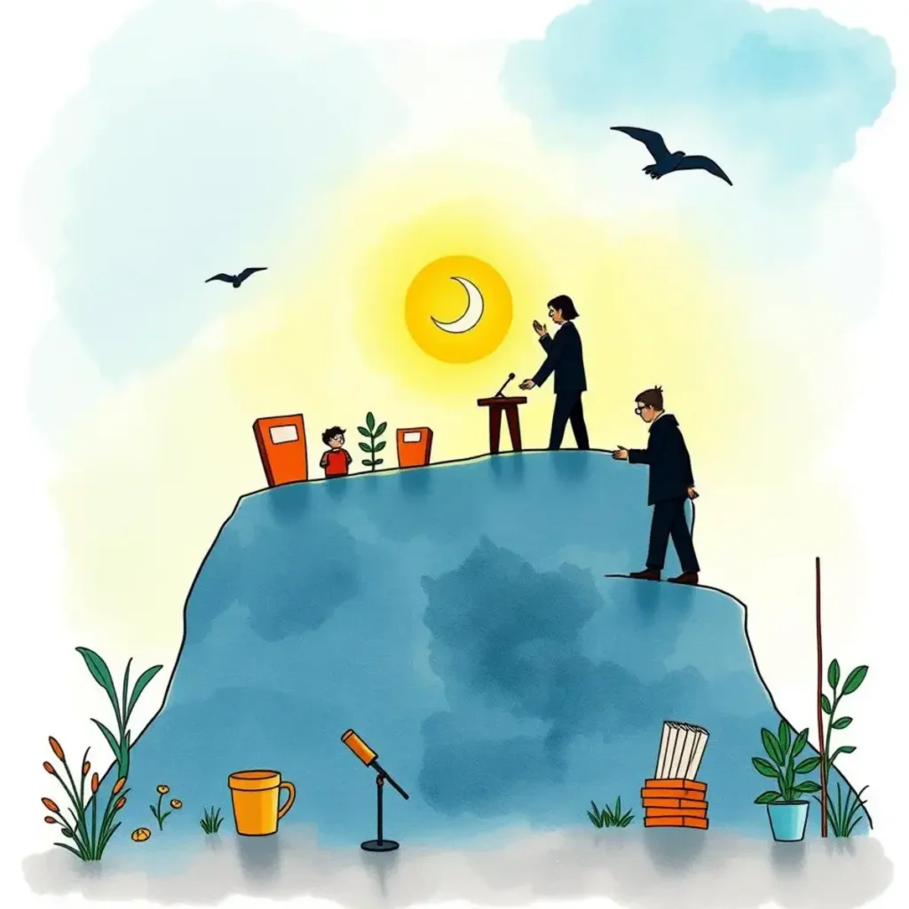 Change benefits articulator: Define and communicate benefits of changes 1 Professionals collaboratively strategizing change on a scenic hilltop landscape.