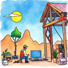 A construction worker using a laptop in a remote, outdoor setting near a structured framework.