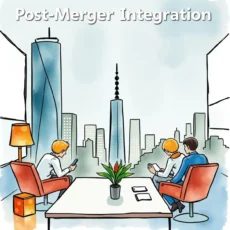 Professional team discussing corporate culture changes post-merger in a modern office.