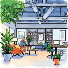 Modern workspace with plants, seating, and a person using a laptop.