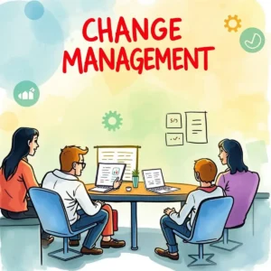 Team collaborating on change management strategies at a meeting.