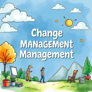 Illustration of professionals discussing change management strategies in nature.