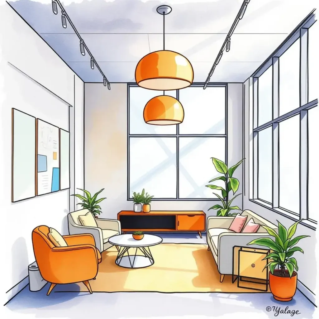 Change request synthesizer: Transform user requests into actionable design changes 1 A bright modern office space with stylish furniture and plants, designed for productivity and collaboration.