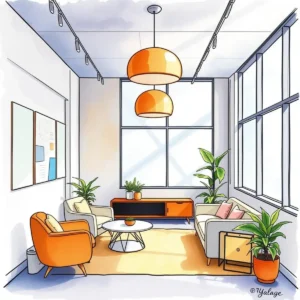 A bright modern office space with stylish furniture and plants, designed for productivity and collaboration.