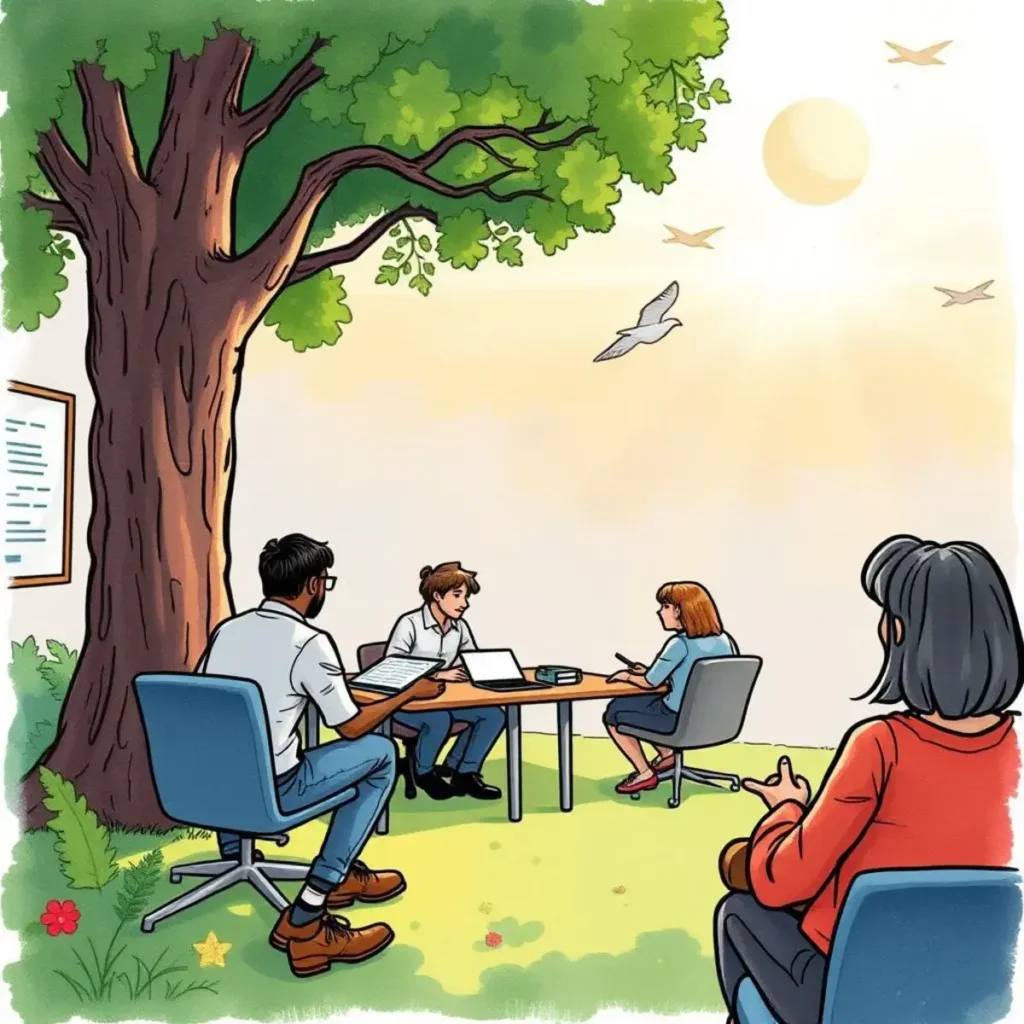 Change review summary creator: Generate summaries for change review meetings 1 Team collaborating outdoors to generate change review meeting summaries.
