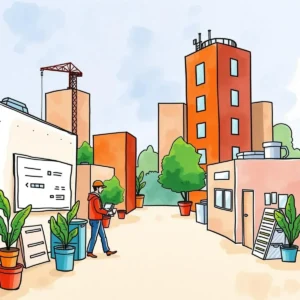 Change timeline estimator: Estimate timelines for implementing changes 10 A construction worker uses a tablet in an urban environment with buildings and greenery.