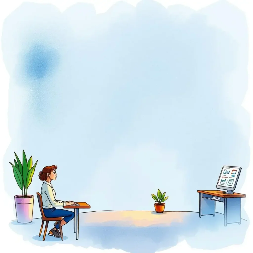 Change vision translator: Transform strategies into clear action statements 1 A woman working at a desk, facing a computer screen, with plants in a bright office setting.
