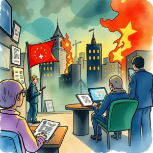 Crisis management team strategizing amidst chaotic urban backdrop.