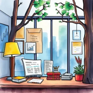 A workspace with trees in a window, showcasing papers, books, and a lamp, ideal for finance tasks.