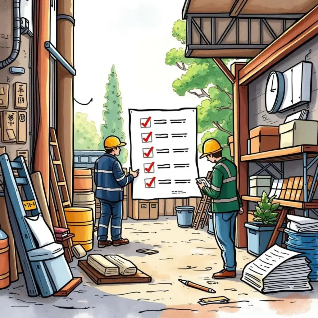 Checklist creator: Generate tailored inspection checklists easily 1 Two workers reviewing a checklist in a warehouse setting.