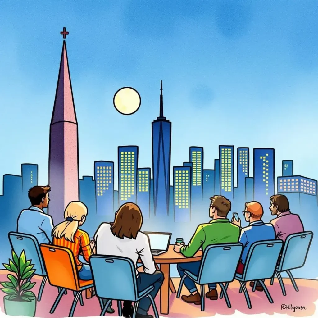 Training participation tracker: Generate reports on participant engagement in training programs 1 Professionals engaging in training discussion with a city skyline backdrop.