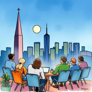 Professionals engaging in training discussion with a city skyline backdrop.