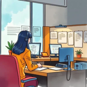 Customer service professional using clarification request template at desk.