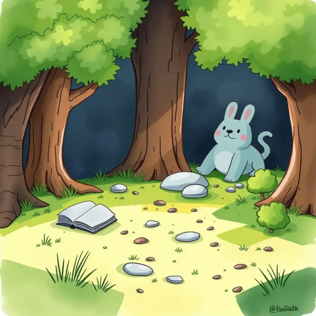 Clarity booster: Simplify complex sentences in current materials 1 A cute rabbit sits near an open book in a serene forest.